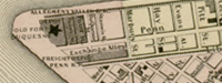Map of the Point District, Allegheny City, and the South Side, 1855.  Landmarks such as Fort Duquesne, Market Square (labeled as Market Place), and the original courthouse on Diamond Street are identified, but Fort Pitt and the blockhouse are not. The Union Bridge and the Point Bridge are still 20 years away from being constructed.  The Smithfield Street Bridge, John Roebling’s 1845 wire rope suspension bridge, is clearly visible. The bridge began at Smithfield Street and crossed the Monongahela River, landing near Water Street. It replaced an earlier 1815 wooden structure which was destroyed in the Great Fire of 1845.