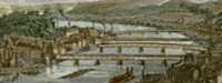 View of the Point and rivers, ca. 1860s. This hand-colored engraving was published by Charles Magnus. The Smithfield Street Bridge, John Roebling’s 1845 wire rope suspension bridge, is clearly visible. The bridge began at Smithfield Street and crossed the Monongahela River, landing near Water Street. It replaced an earlier 1815 wooden structure which was destroyed in the Great Fire of 1845.